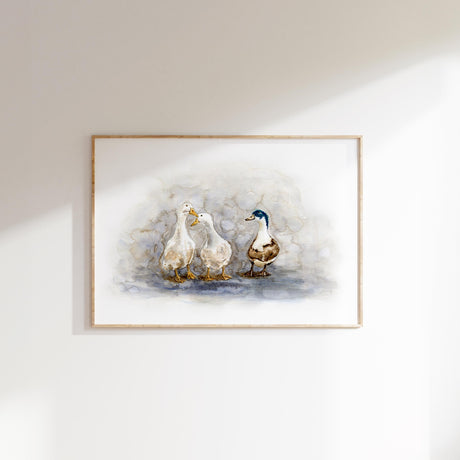 Watercolour duck print featuring three ducks wading in a puddle; Three ducks painted in soft, natural colours on a matt poster print