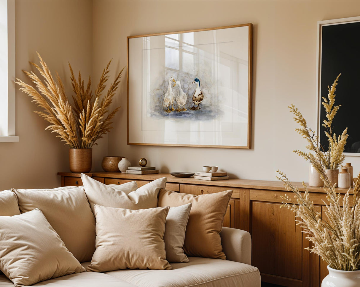 Peaceful duck scene with reflections in water, printed on fine art paper