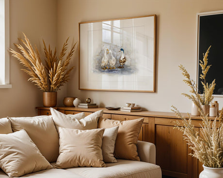 Peaceful duck scene with reflections in water, printed on fine art paper