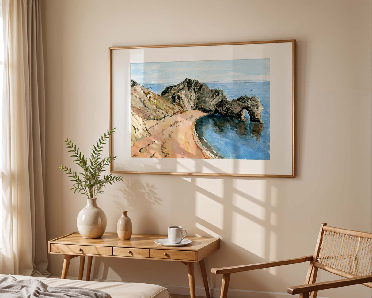 Contemporary Durdle Door art print capturing iconic limestone arch and sea.