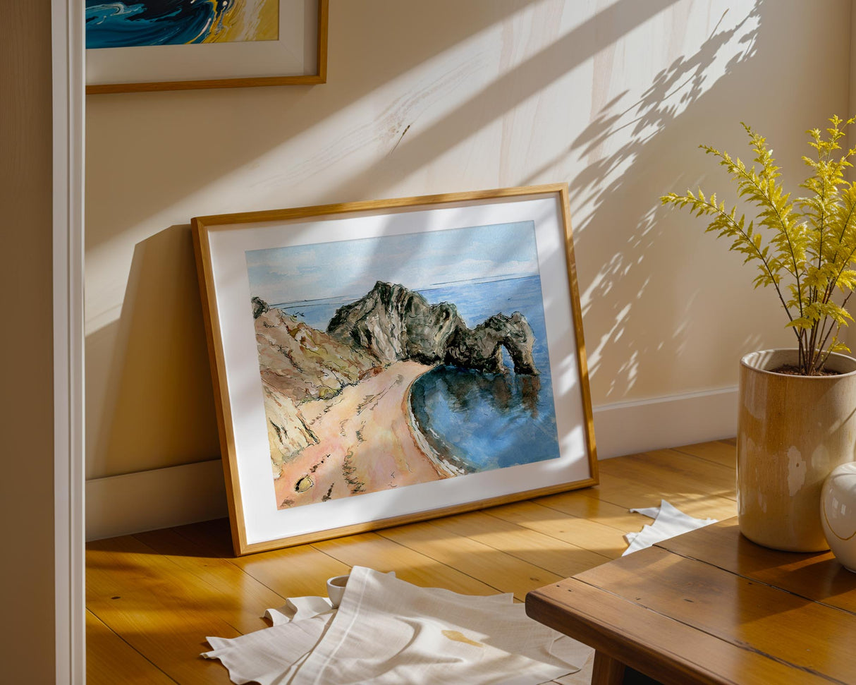 Watercolour Durdle Door artwork with vibrant colours and ink detail.