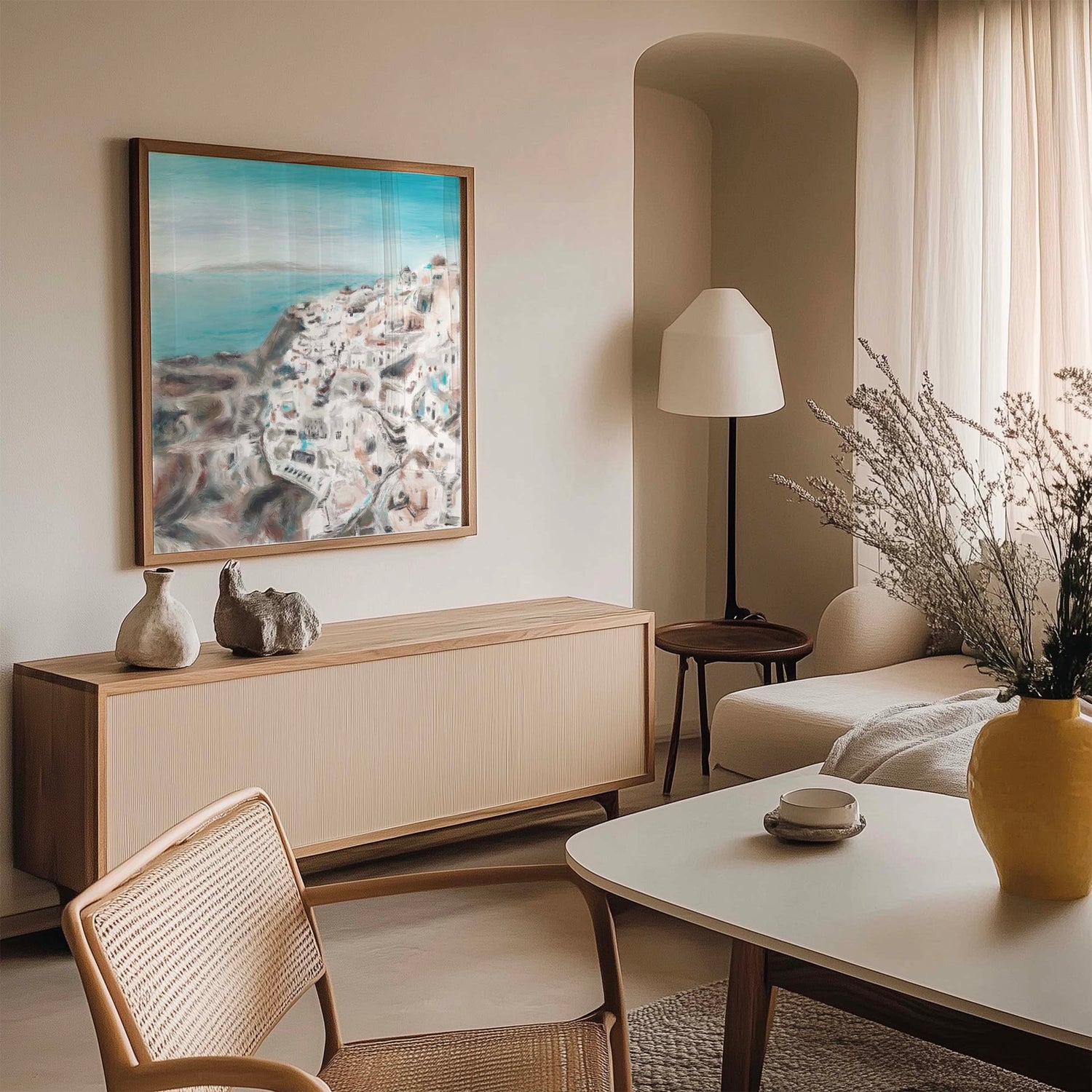 Abstract-style Greek village artwork with soft brushstrokes and a muted Mediterranean palette.