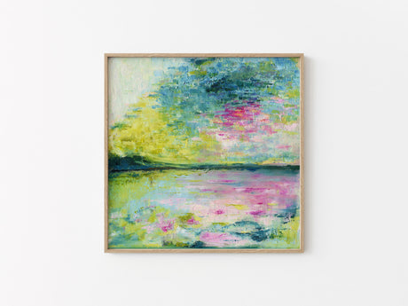 'Echoes in Still Water' - Modern waterscape wall art print with enchanting ethereal tones.