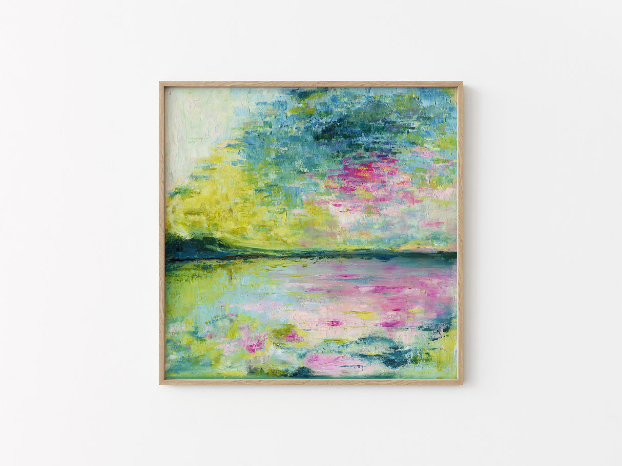 'Echoes in Still Water' - Modern waterscape wall art print with enchanting ethereal tones.