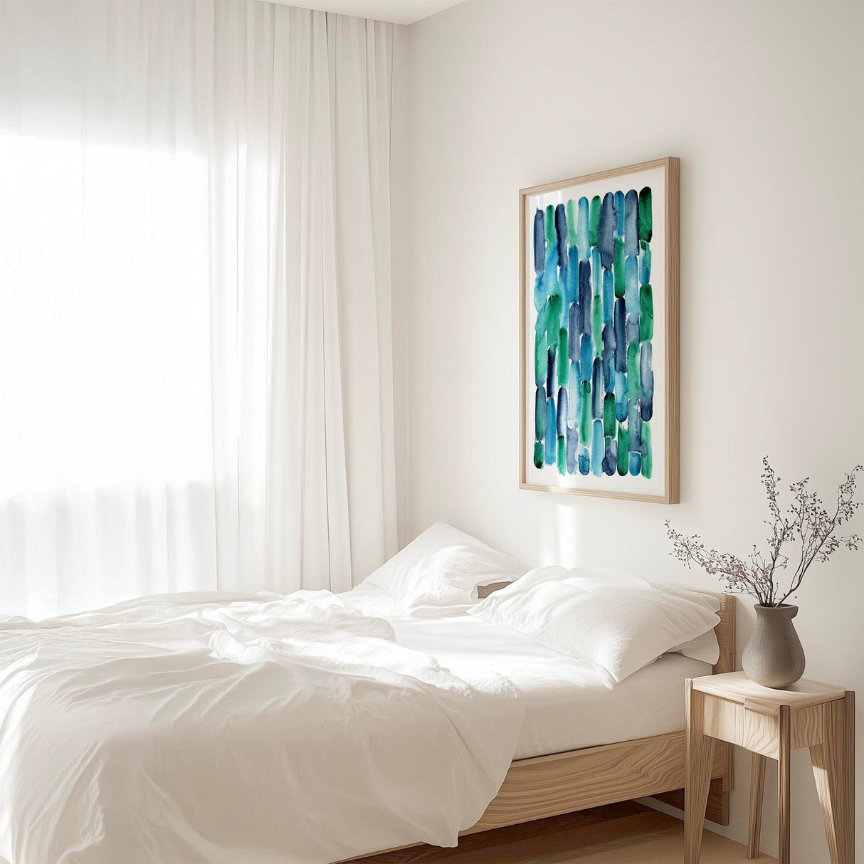 Emerald Tide abstract watercolour print in indigo, blue and emerald, a soothing art piece perfect for tranquil bedroom decor.