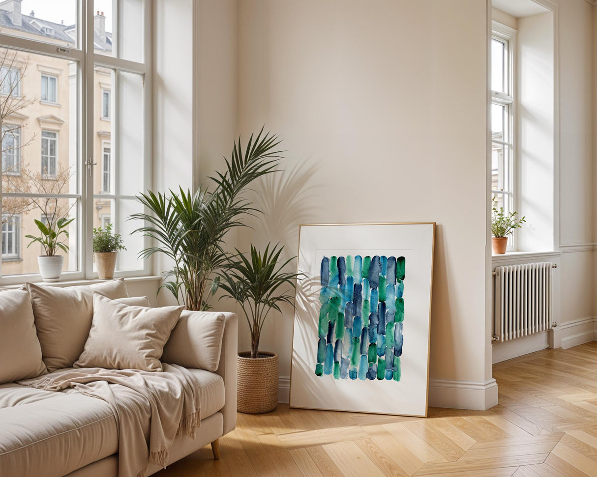 Painted by Sunlight collection piece showing stripes of blue and green in a flowing watercolour style. Indigo and emerald stripes fade together in a calming abstract watercolour painting.