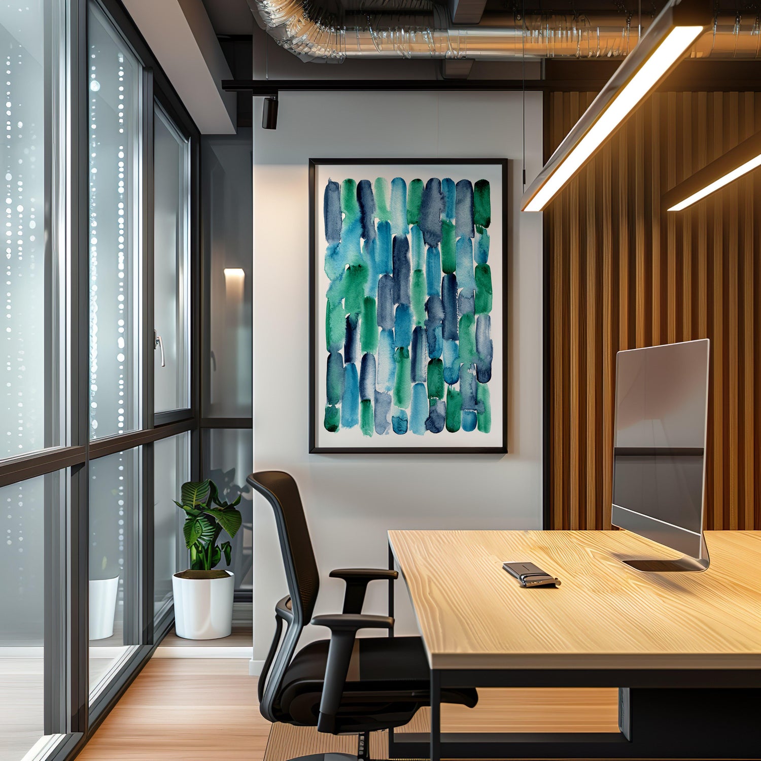 Abstract indigo, blue and emerald watercolour painting called Emerald Tide, perfect calming art for modern office decor.