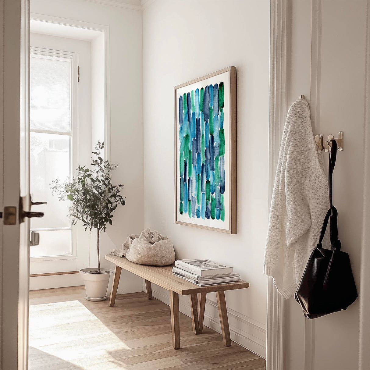 Vibrant loose watercolour stripes mimicking ocean waves in blue and green tones. Abstract watercolour stripes with a calming sea vibe in indigo and emerald hues.