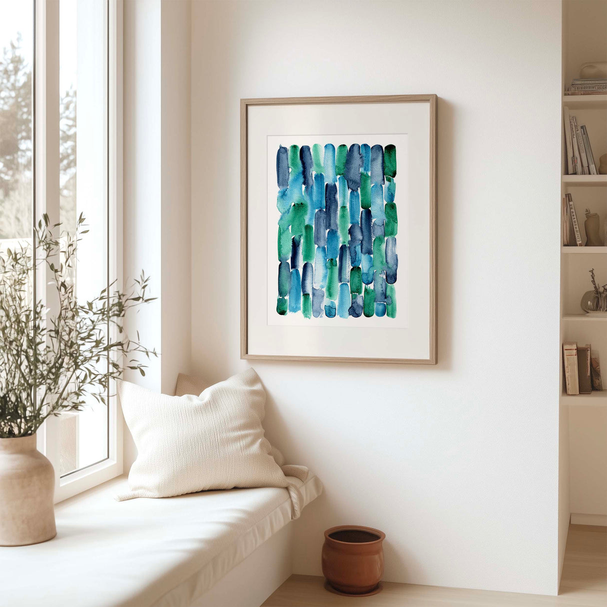Flowing indigo, blue and emerald green stripes blend in a loose watercolour painting called Emerald Tide. Abstract water-inspired loose watercolour art with indigo and green hues merging softly.