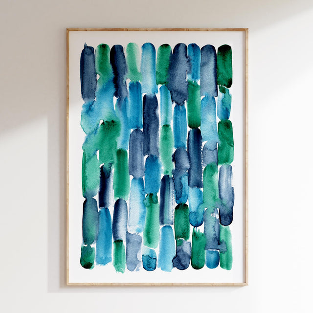 Vibrant loose watercolour stripes mimicking ocean waves in blue and green tones.