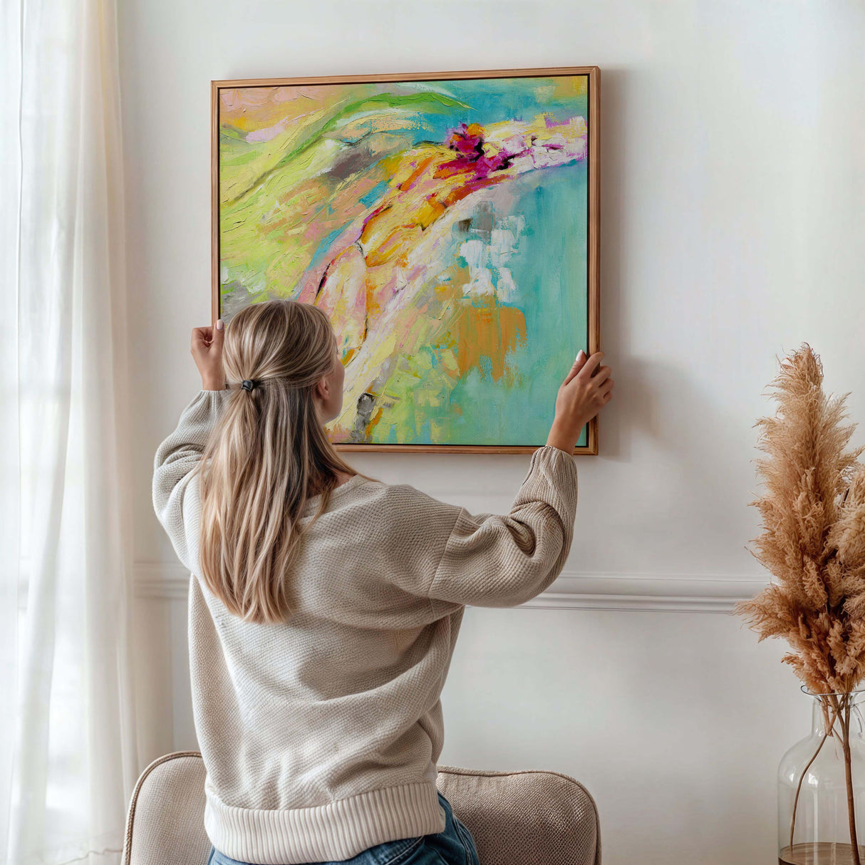 Vibrant pink and green abstract art print for living room decor.