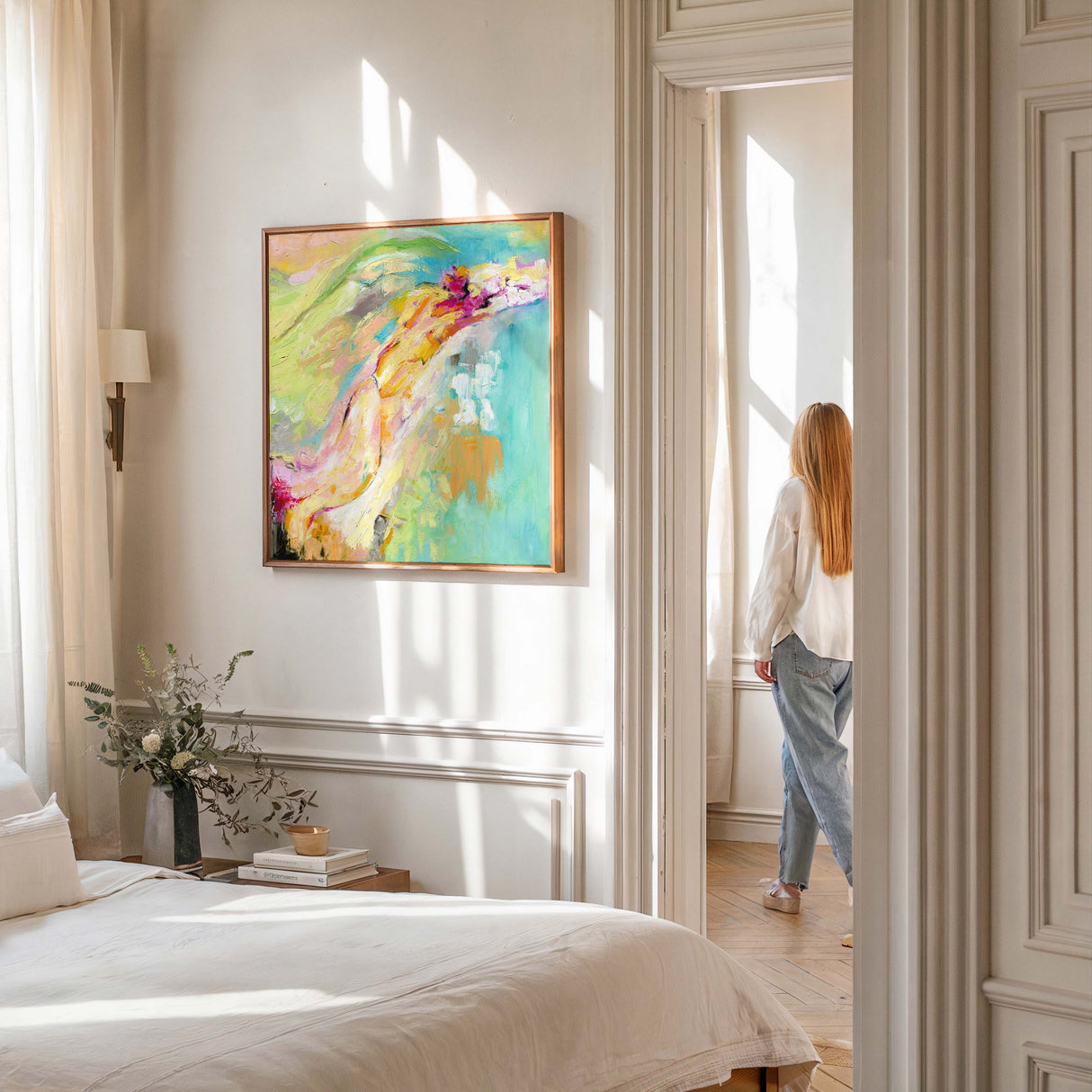 Abstract print in pink, orange, and green summer tones.