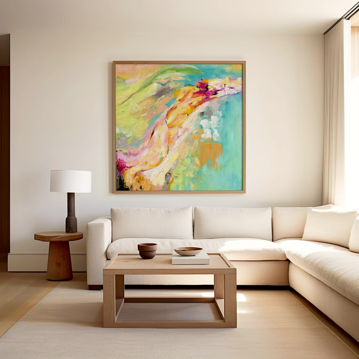 Energetic abstract wall art print with summer-inspired colours.