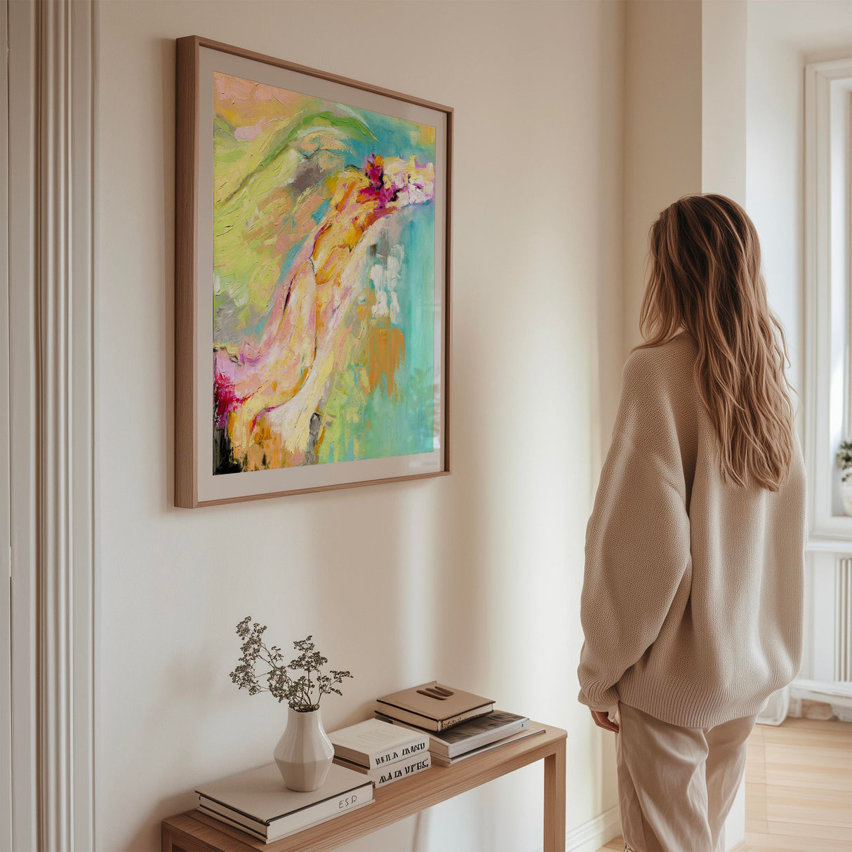 Bold and bright art print with playful pink and mint green.