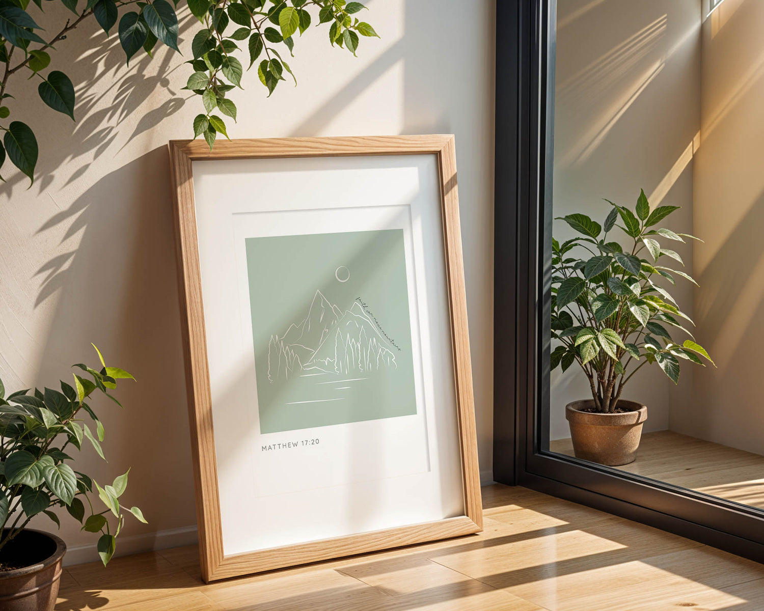 Faith can move mountains scripture wall art with mountain and tree design in line illustration.