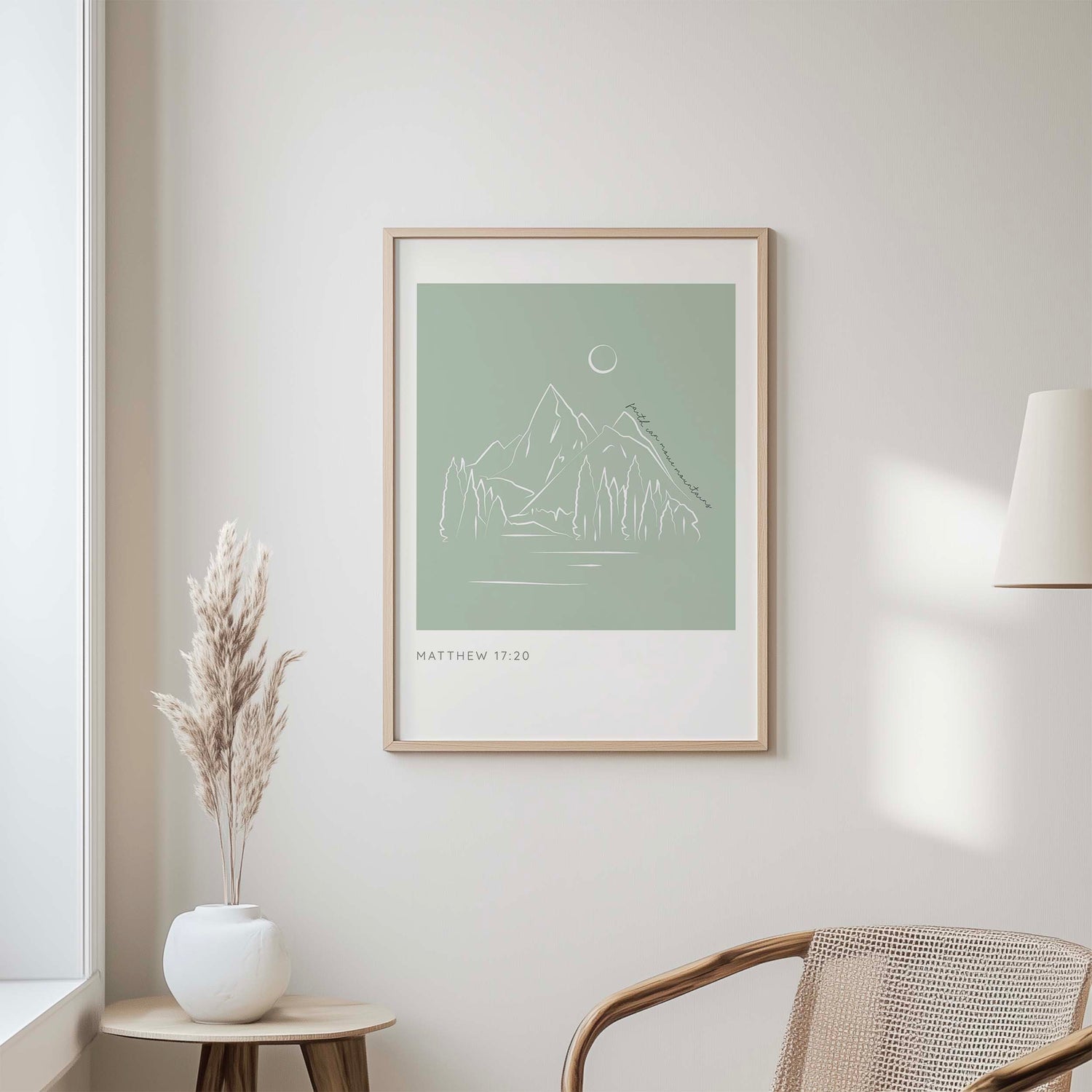 Christian scripture art print with mountain-themed minimalist design and message of hope from Matthew 17 20.