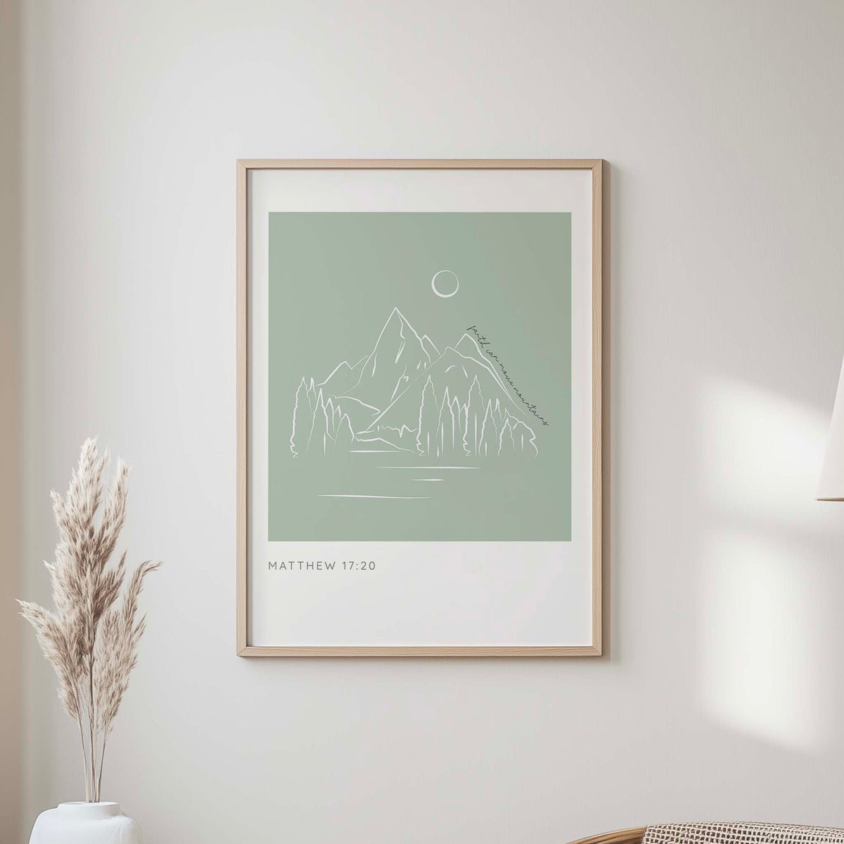 Christian scripture art print with mountain-themed minimalist design and message of hope from Matthew 17 20.
