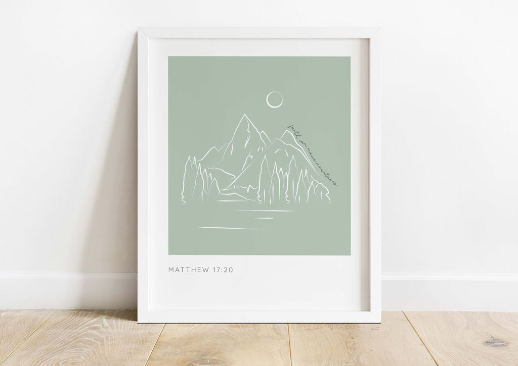 Bible-inspired line art print for home or office, Christian wall art with mountain and faith quote, Modern Christian decor