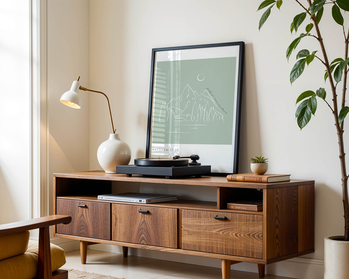 Minimalist Christian line art print with Matthew 17 20 Bible verse and sage green background.