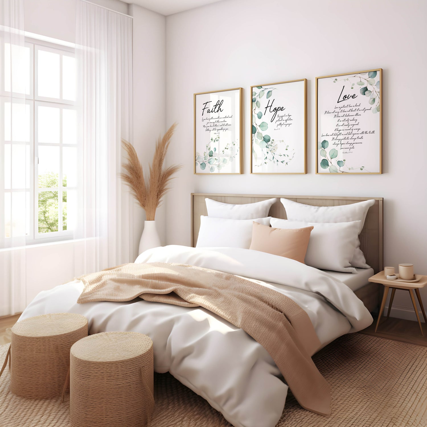 Set of three Christian art prints featuring faith, hope, and love verses with botanical accents.