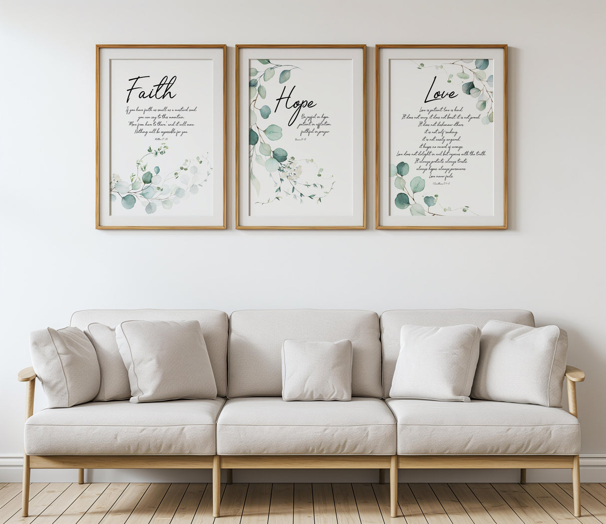 Love Bible verse print with green leaves and 1 Corinthians 13 reminding us love never fails.