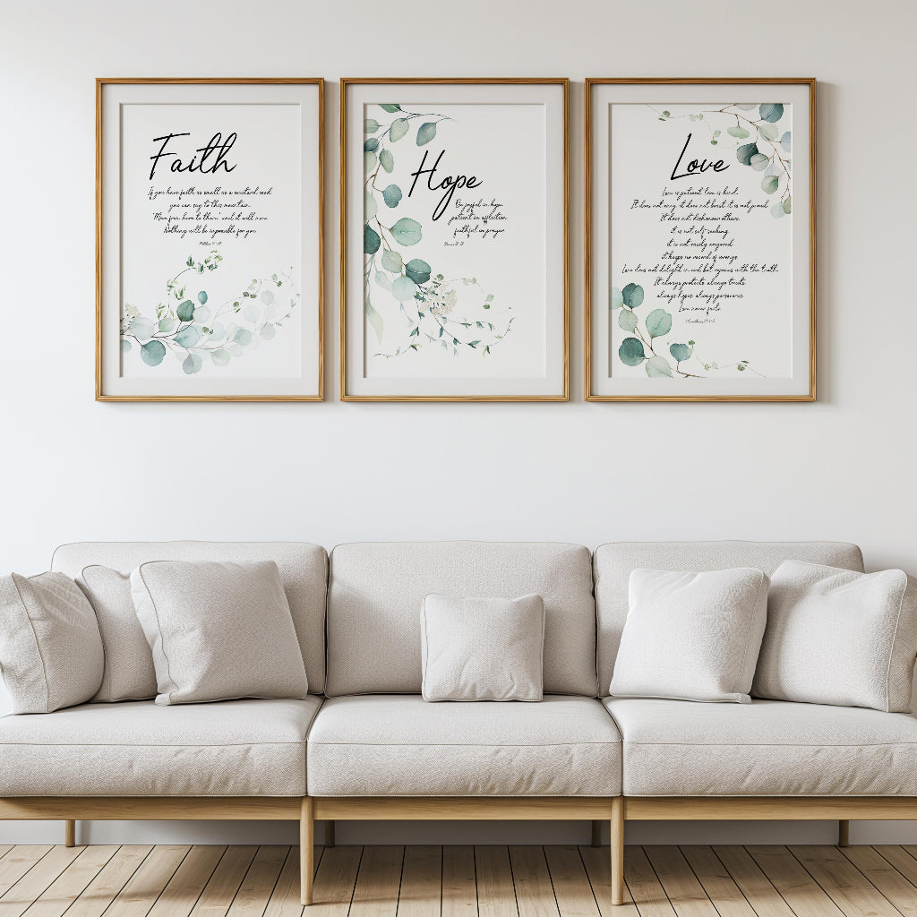 Love Bible verse print with green leaves and 1 Corinthians 13 reminding us love never fails.