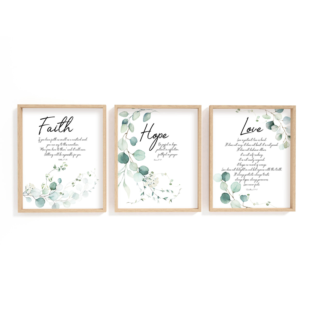 Botanical Christian faith print with delicate leaves and the verse from Matthew 17:20.