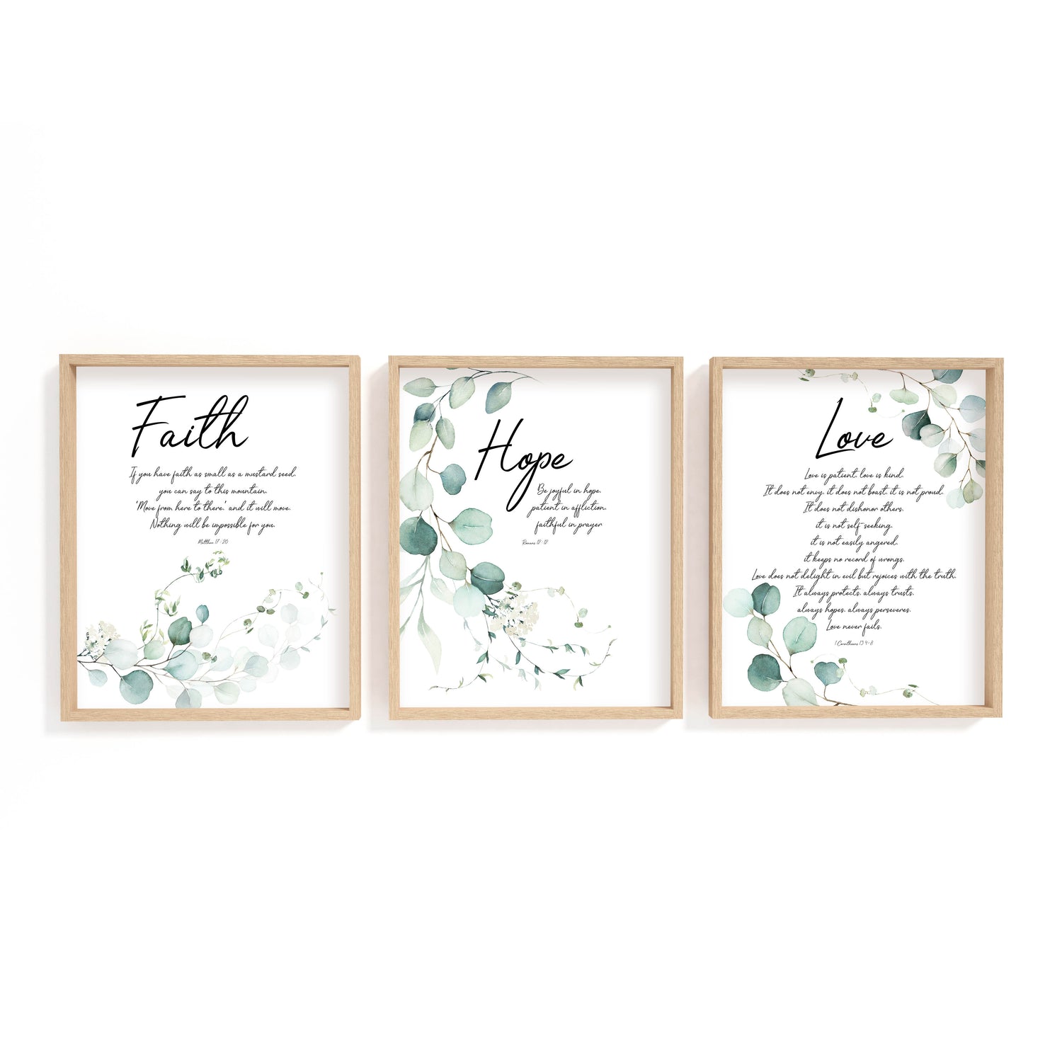 Botanical Christian faith print with delicate leaves and the verse from Matthew 17:20.