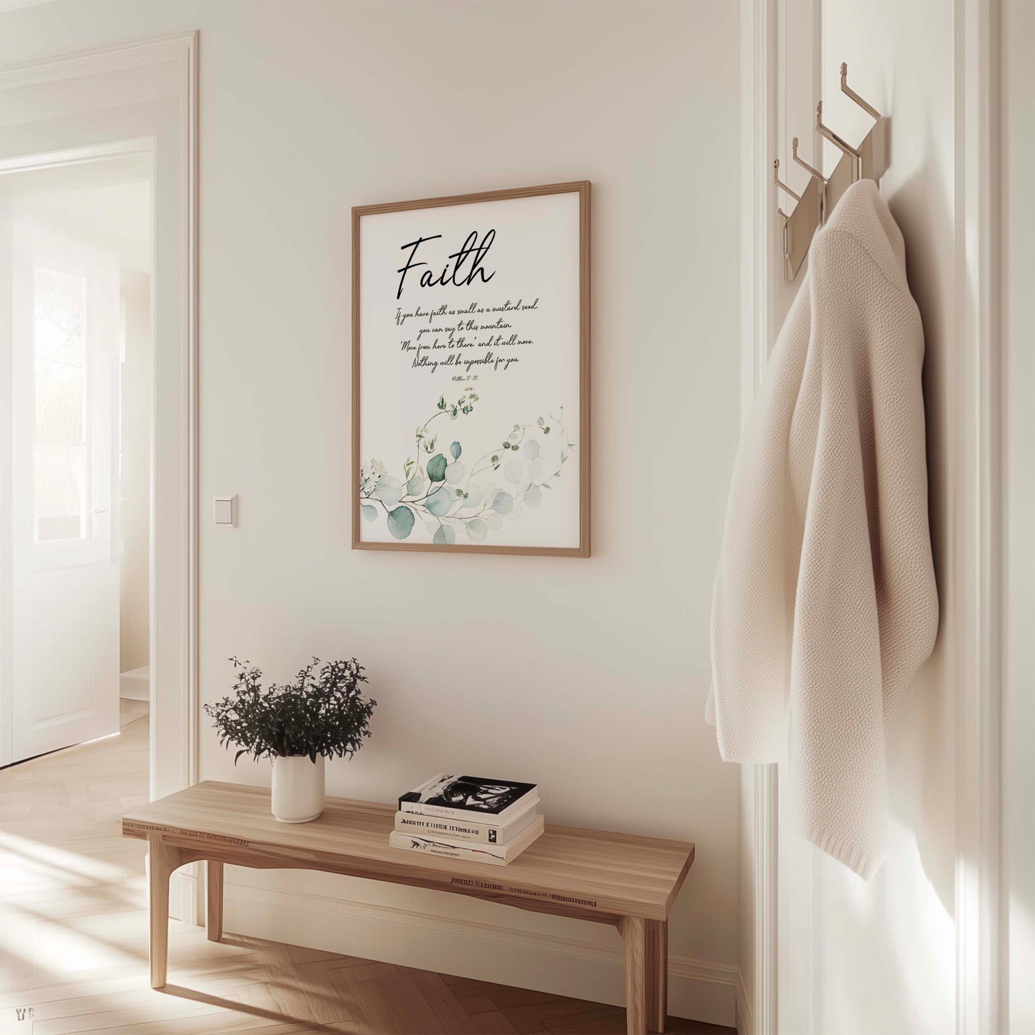 Inspirational Christian print with "Faith" heading and Matthew 17:20 mustard seed scripture in elegant style