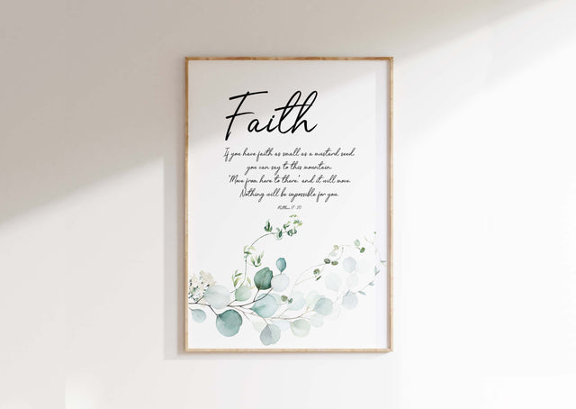 Modern Christian wall art print, Faith and Mustard Seed verse, with minimalist botanical leaf illustration