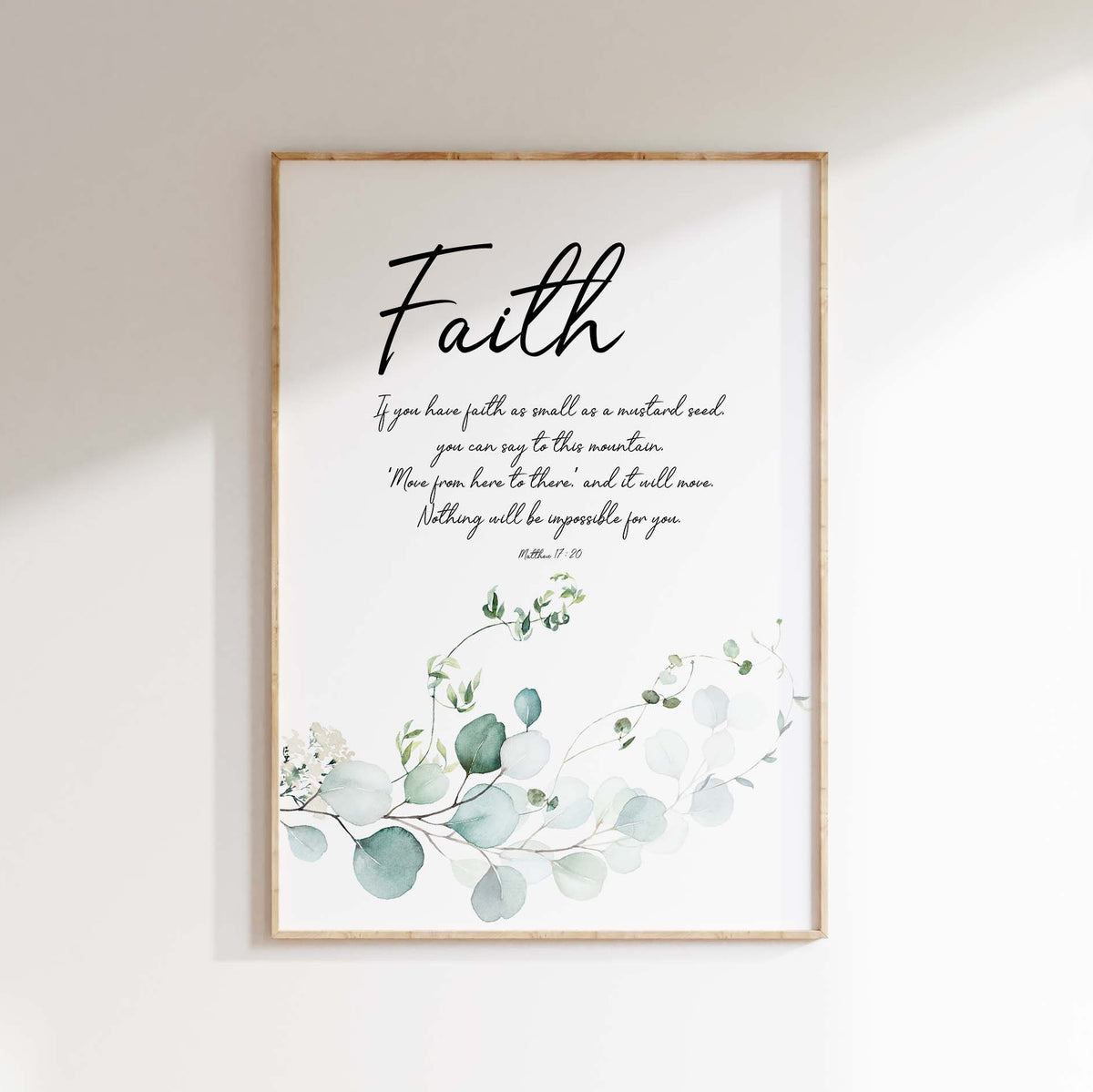 Modern Christian wall art print, Faith and Mustard Seed verse, with minimalist botanical leaf illustration