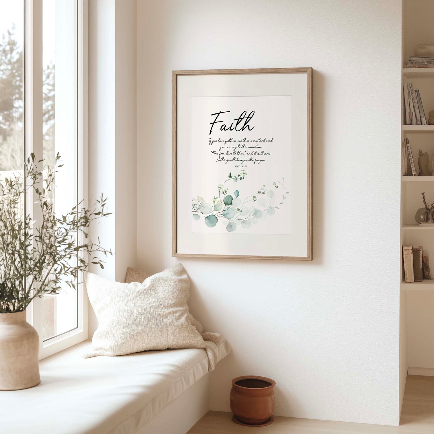 Faith Bible Verse Wall Art Print with Matthew 17:20 and delicate botanical design for Christian home decor