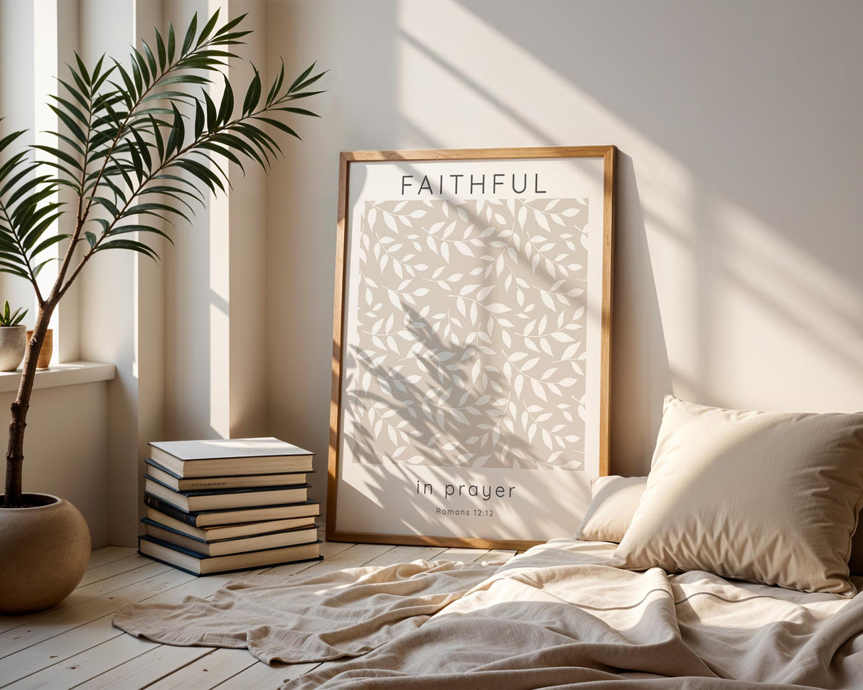 Beige and white prayer-themed wall art with minimalist leaf detail and inspirational scripture from Romans
