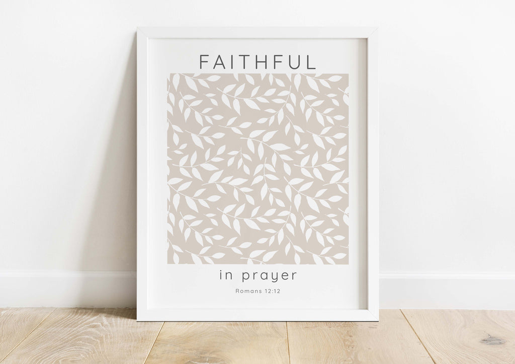 Beige and White Romans 12:12 Wall Art with Faithful in Prayer Quote, Elegant Leaf Motif Bible Verse Print in Neutral Tones