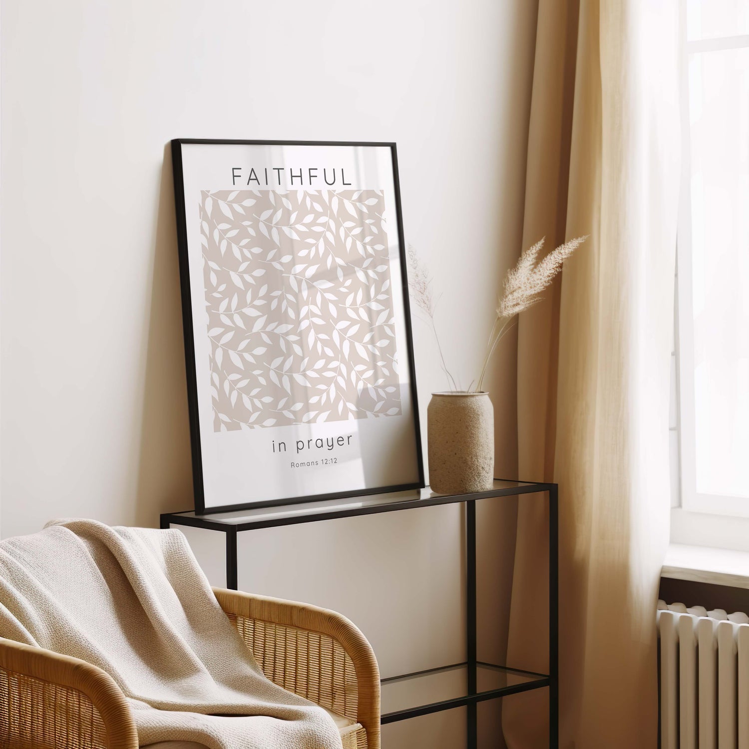 Romans 12:12 wall art print in beige and white with leaf design and the phrase “Faithful in Prayer” in elegant script