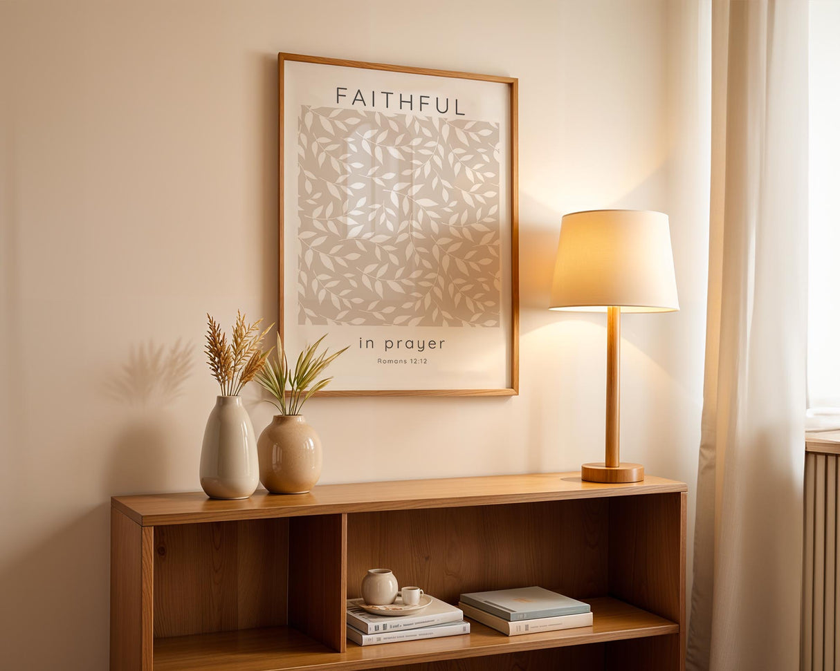 Christian Bible verse print featuring delicate leaf illustration and soft tones, centred around Romans 12:12