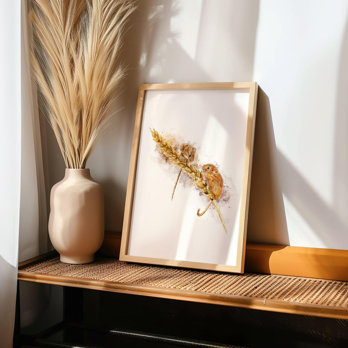 Watercolour print of two field mice in a wheat field, with warm tones and soft countryside charm.