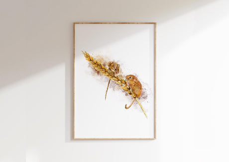 Two sweet field mice sitting in tall wheat, captured in soft, warm watercolours for a cosy country feel.