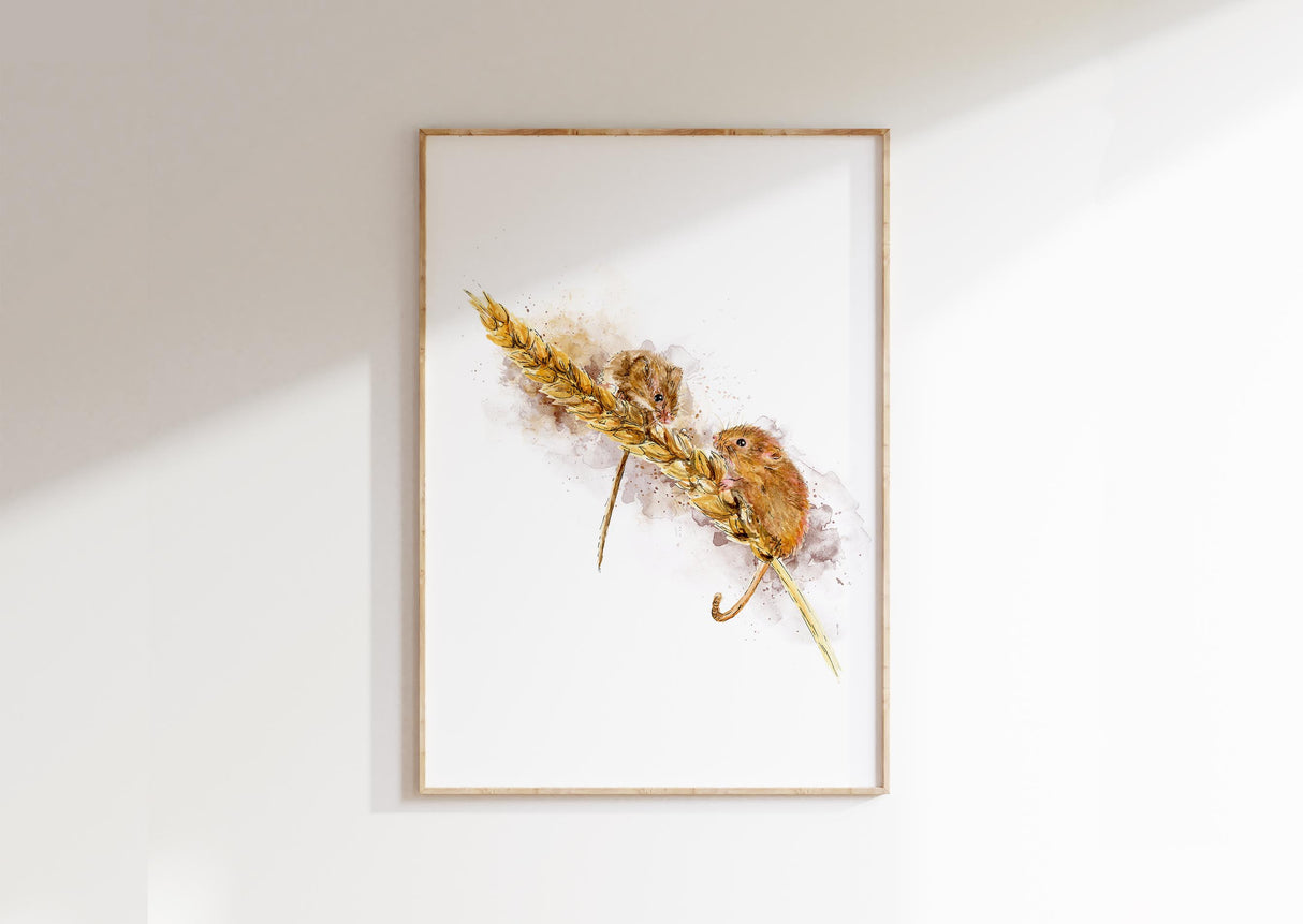 Two sweet field mice sitting in tall wheat, captured in soft, warm watercolours for a cosy country feel.