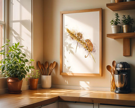 Gentle country scene featuring field mice among golden wheat, painted in soft watercolours.