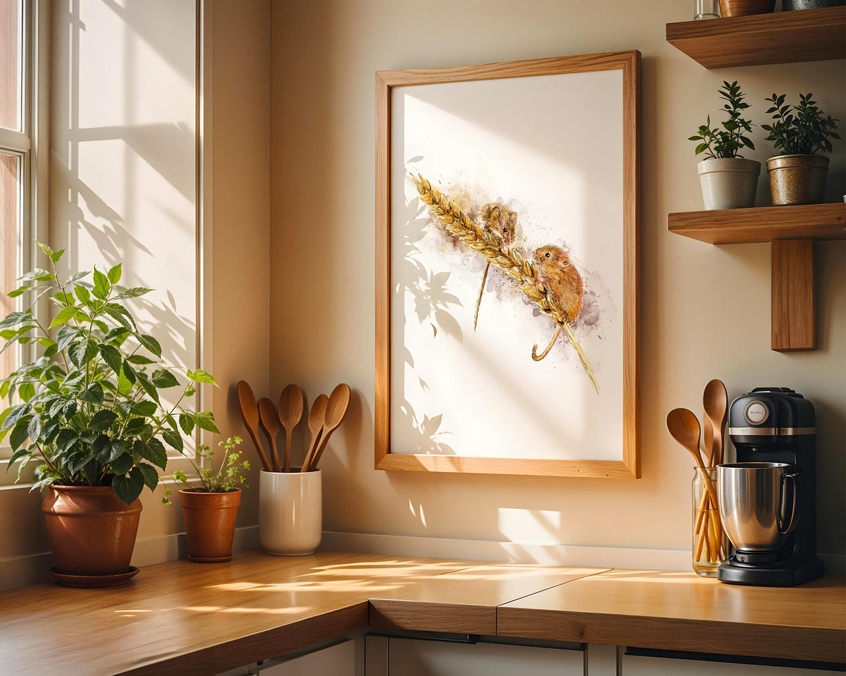 Gentle country scene featuring field mice among golden wheat, painted in soft watercolours.