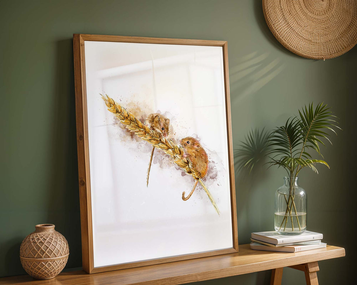 Peaceful watercolour art of field mice nestled in a wheat field, perfect for rustic home decor.