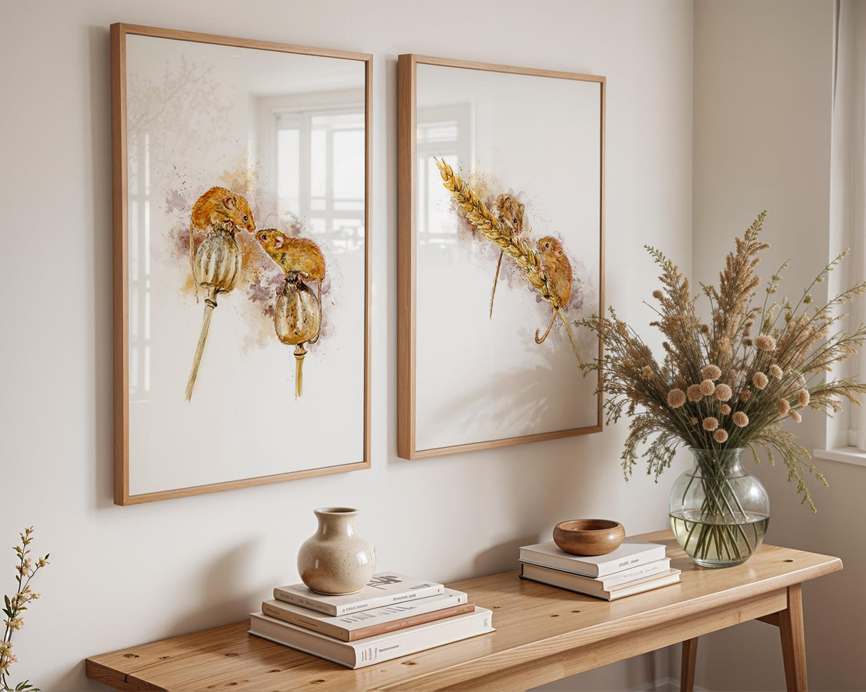 Charming fieldmouse wall art with a muted palette, perfect for cosy and serene bedroom styling.