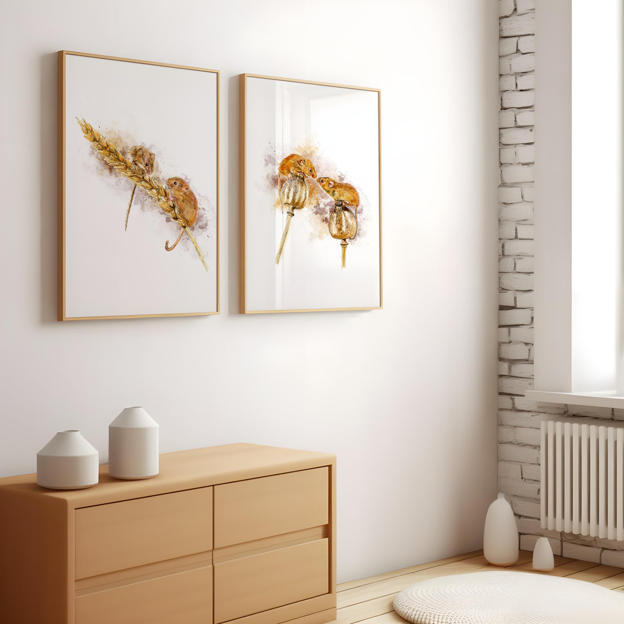 Watercolour fieldmouse print in soft tones, ideal for rustic or country-style bedroom decor.