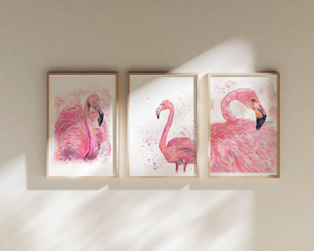 Set of 3 Loose Watercolor Flamingo Prints in Soft Pink Tones, Whimsical Pink Flamingo Trio - Artistic Watercolor Wall Decor