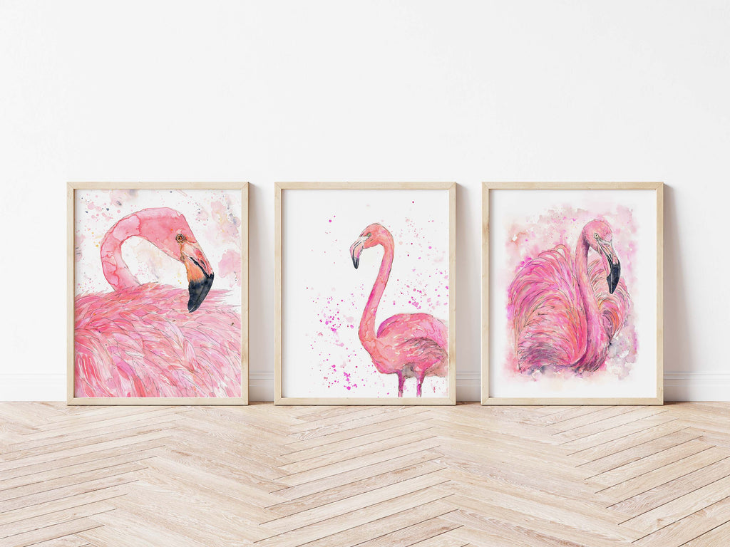 Watercolour Flamingo Wall Art, Pink Flamingo Home Decor 3 Print Set, Elegant Pink Flamingo Wall Art Trio for a Tropical Oasis