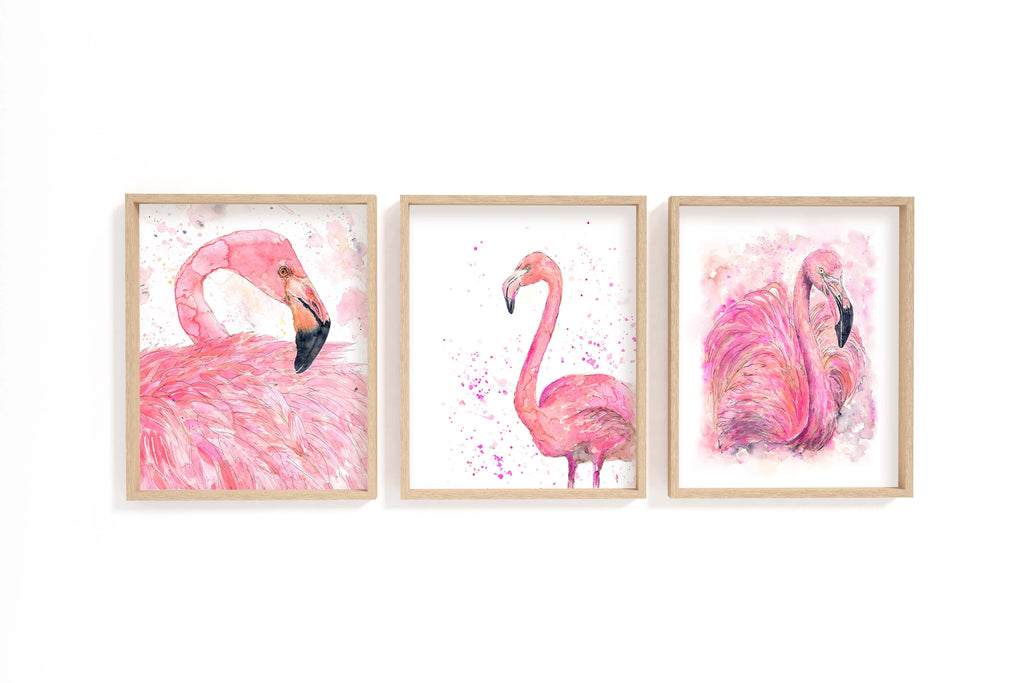 A Trio of Pink Flamingos: Loose Watercolour Wall Art Ensemble, Soft Pink Paradise: Flamingo Watercolour Prints Collection