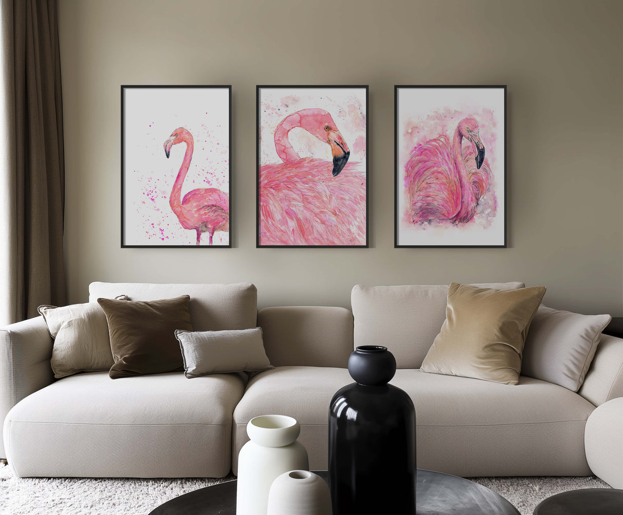 Tropical flamingo decor in a pink watercolour finish. Flamingo wall art set with playful and elegant style
