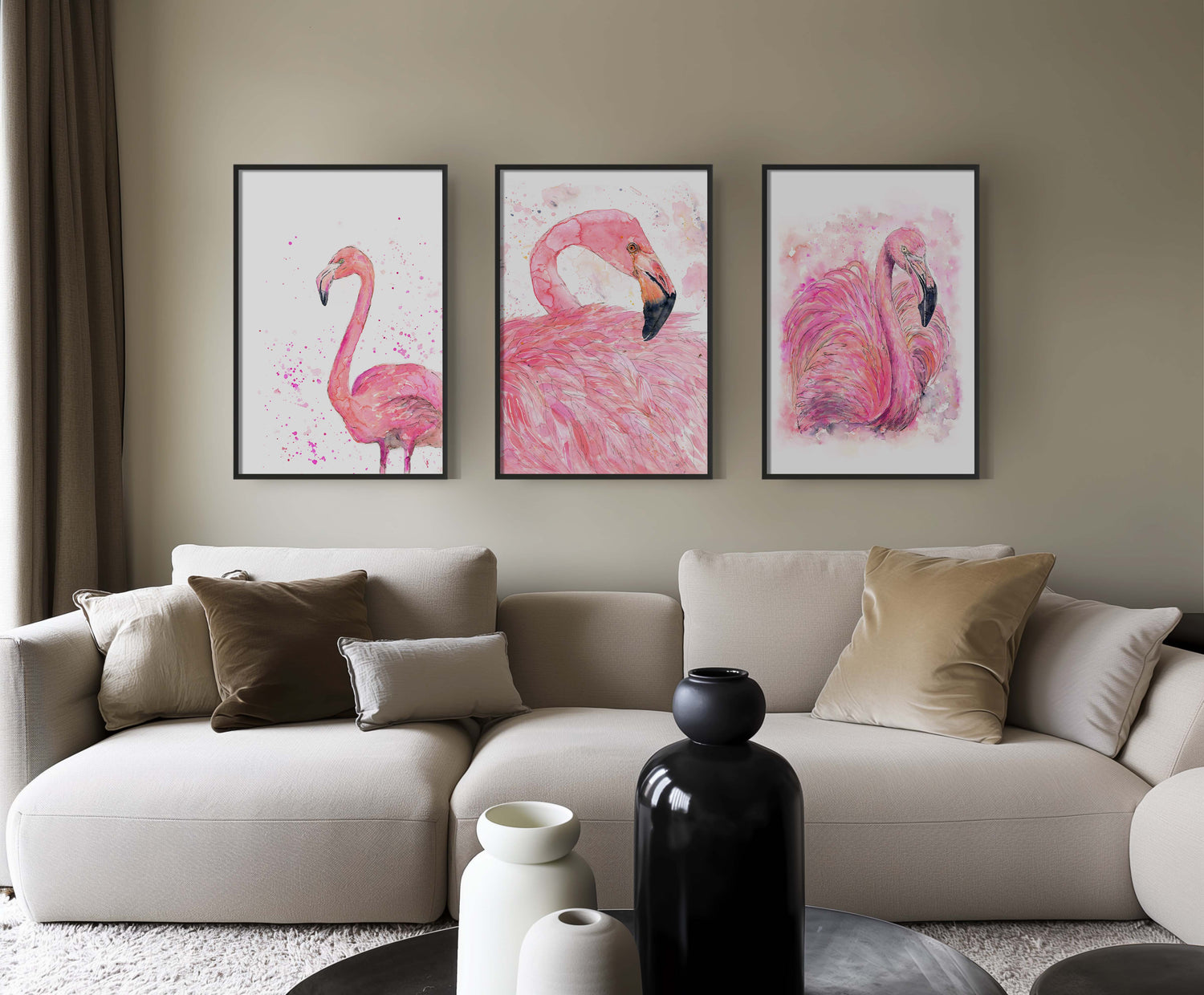 Tropical flamingo decor in a pink watercolour finish. Flamingo wall art set with playful and elegant style