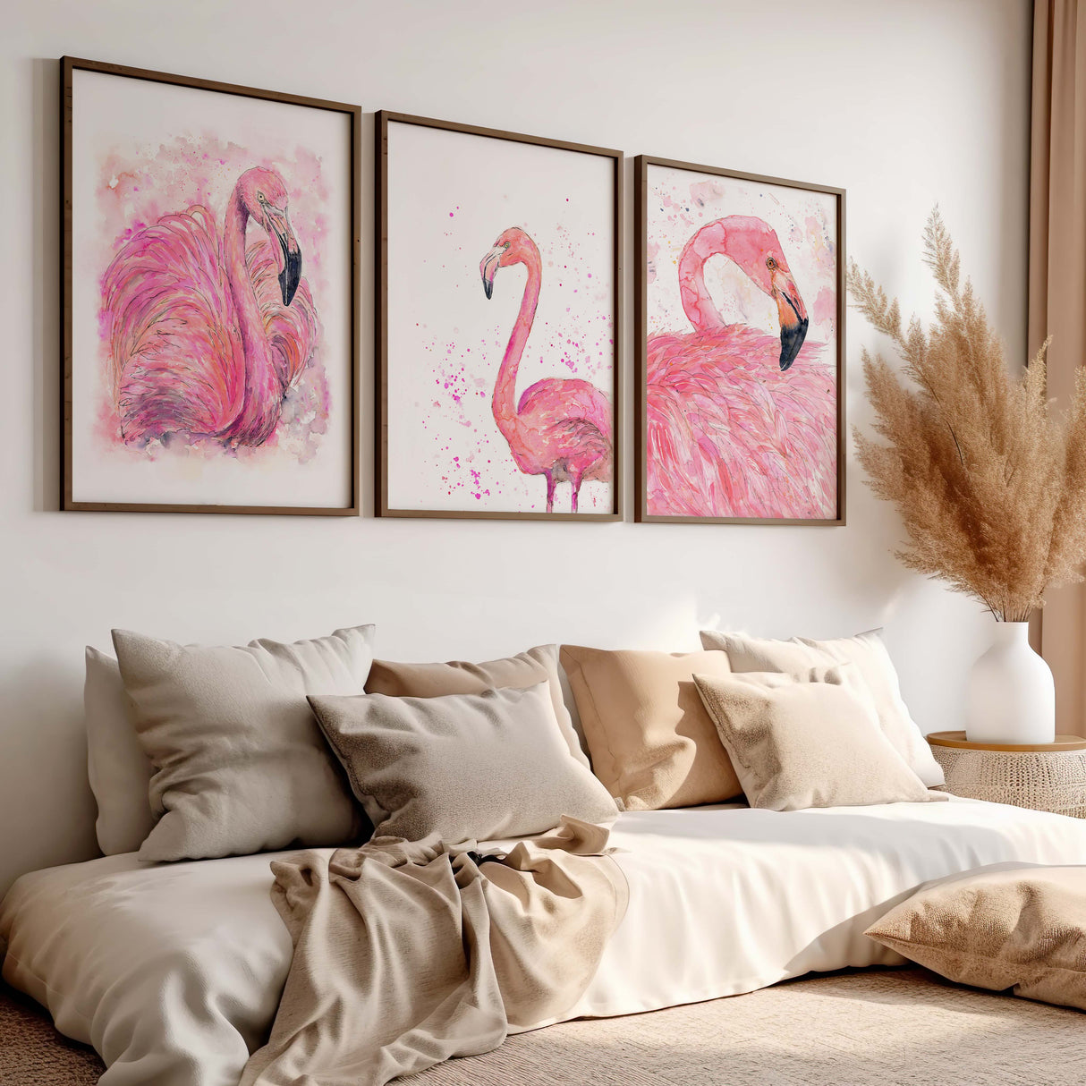 Watercolour flamingo print set with soft pink tones. Trio of pink flamingo wall art in loose watercolour style